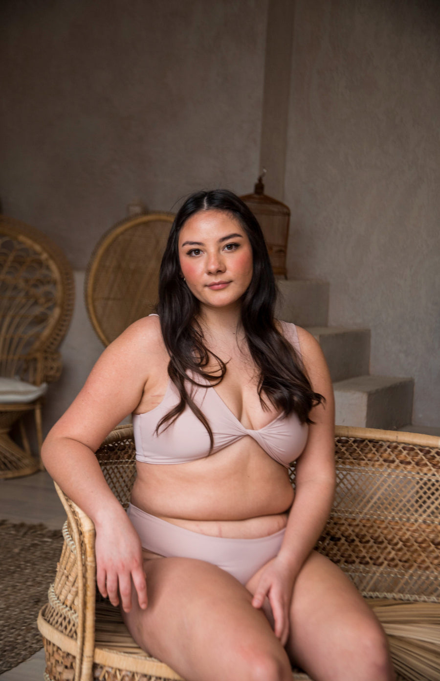 girl wearing mid rise high leg blush with extra bum coverage bikini bottoms