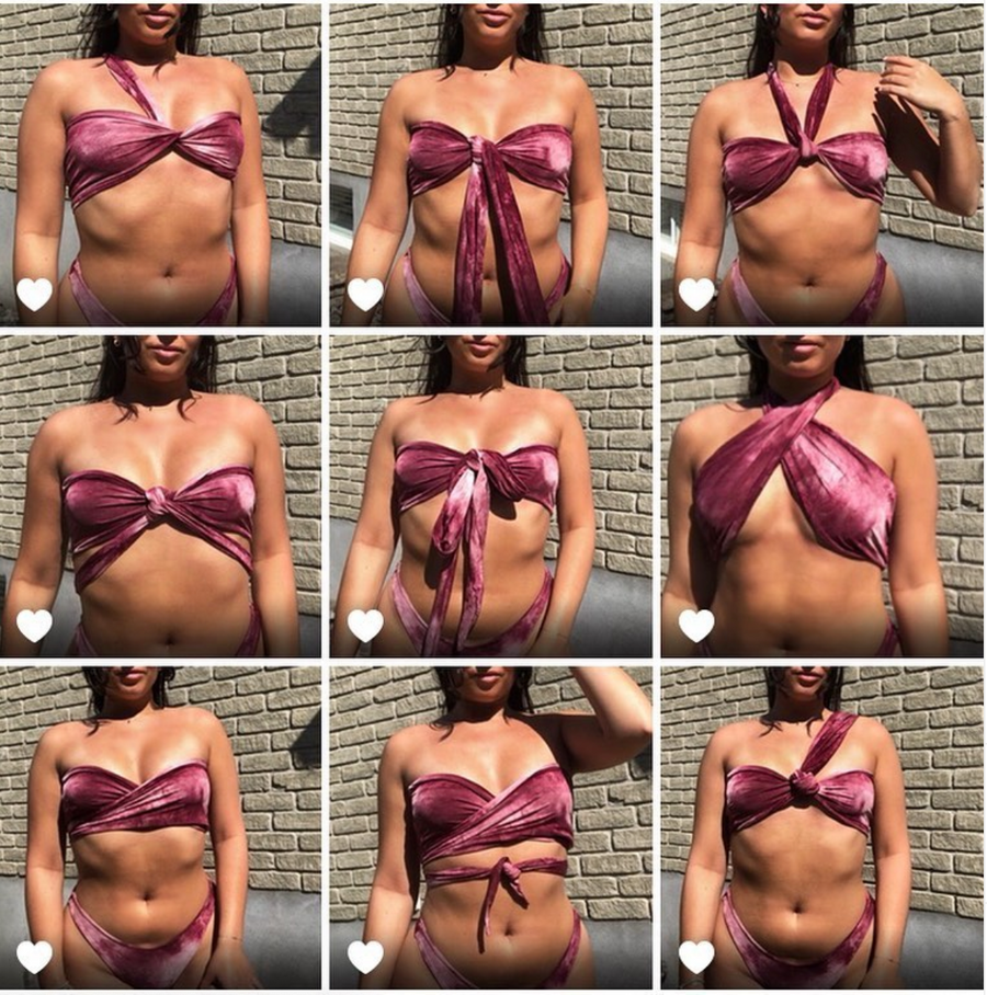 photo collage of multiple ways to wear a seamless long criss cross bikini top.