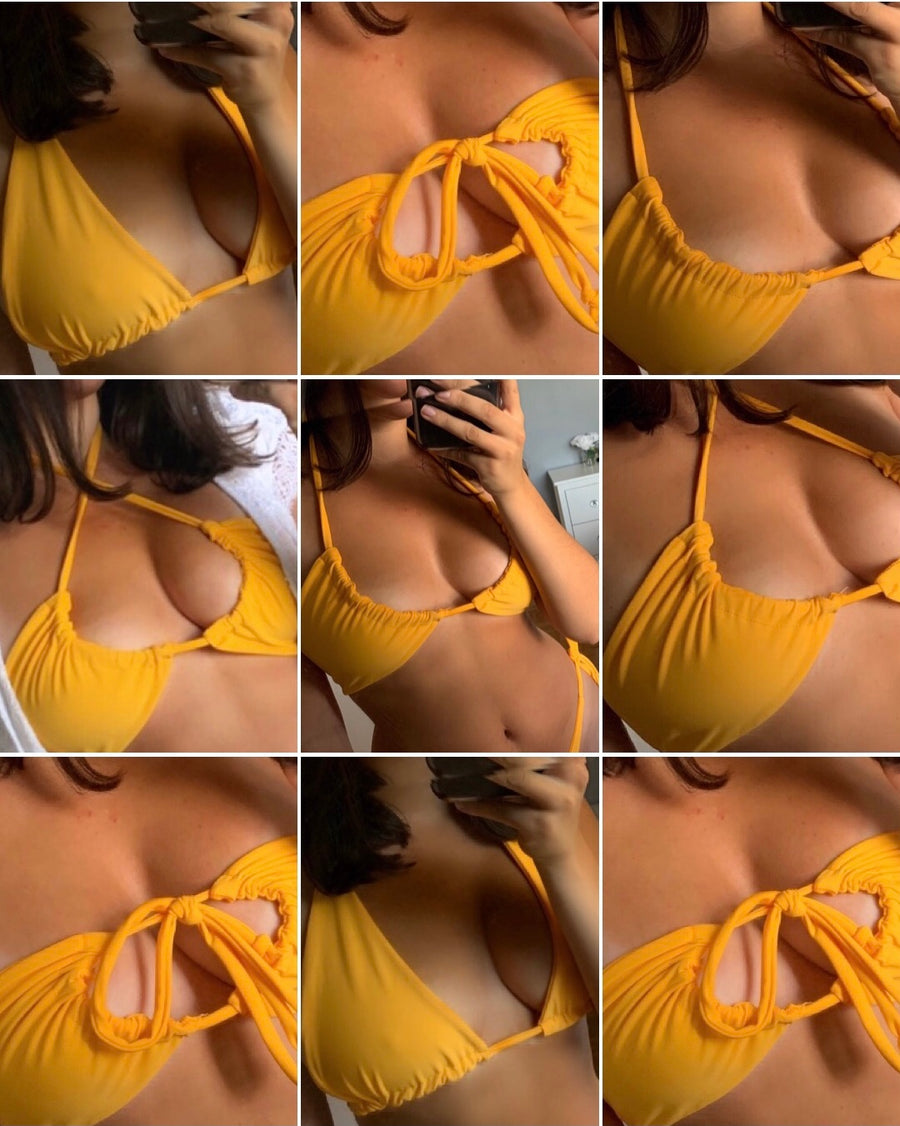 multiple ways of wearing a yellow triangle bikini top