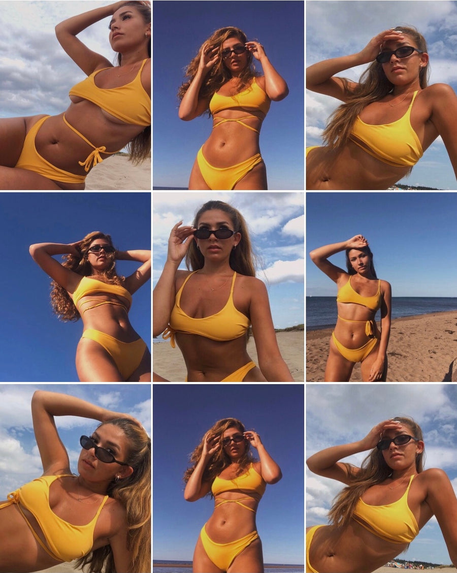 deep v, criss cross back bikini top in mango (yellow)