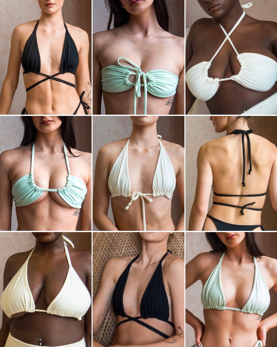 Multiple ways of wearing a triangle bikini top