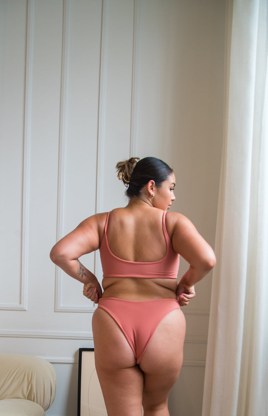 coral (pink) cheeky bottoms mid rise, high leg.