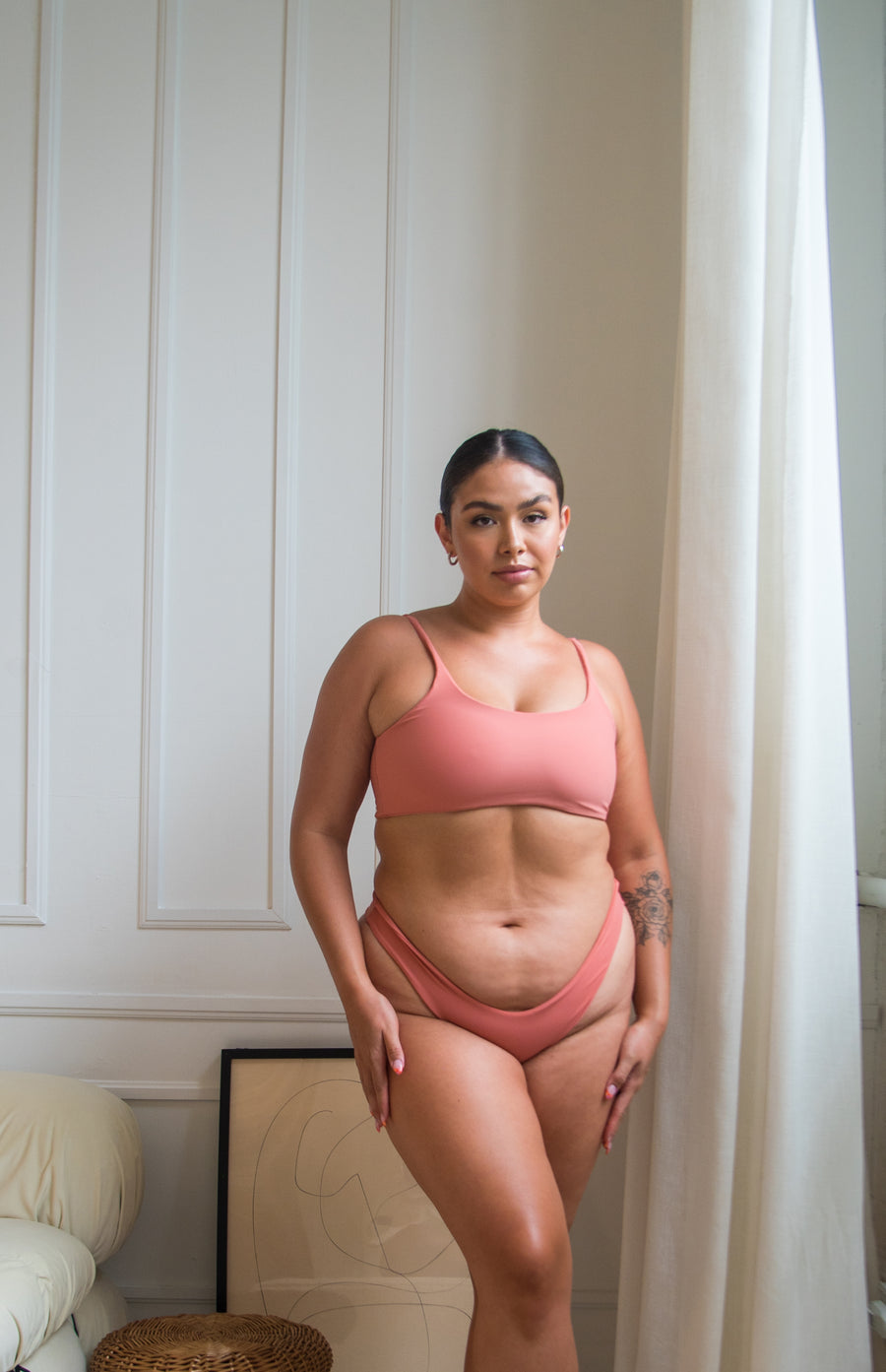 coral (pink) cheeky bottoms mid rise, high leg.
